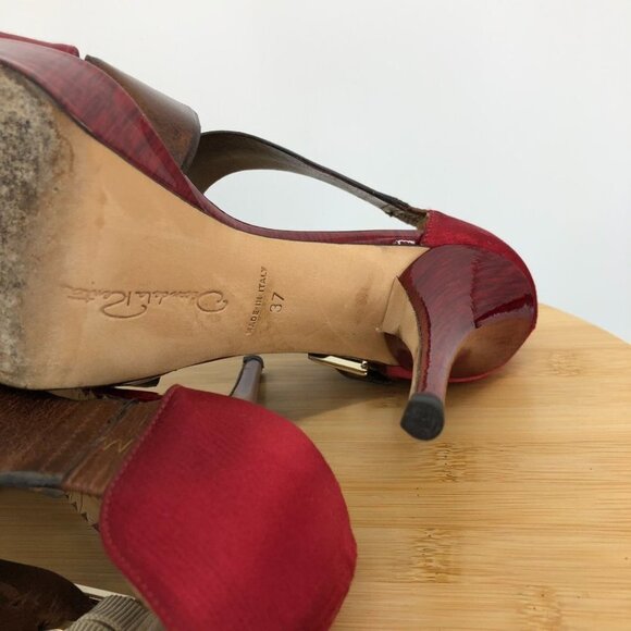 Oscar De La Renta Red Satin  Brown patent leather buckle Platform Stilettos 37 - Picture 11 of 14